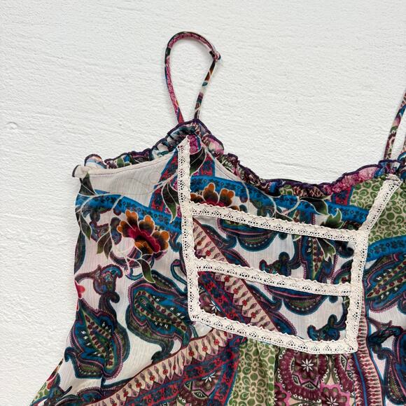 Lily White Boho Sheer Patchwork Floral Cami Tank Top, Size Large - Picture 2 of 6
